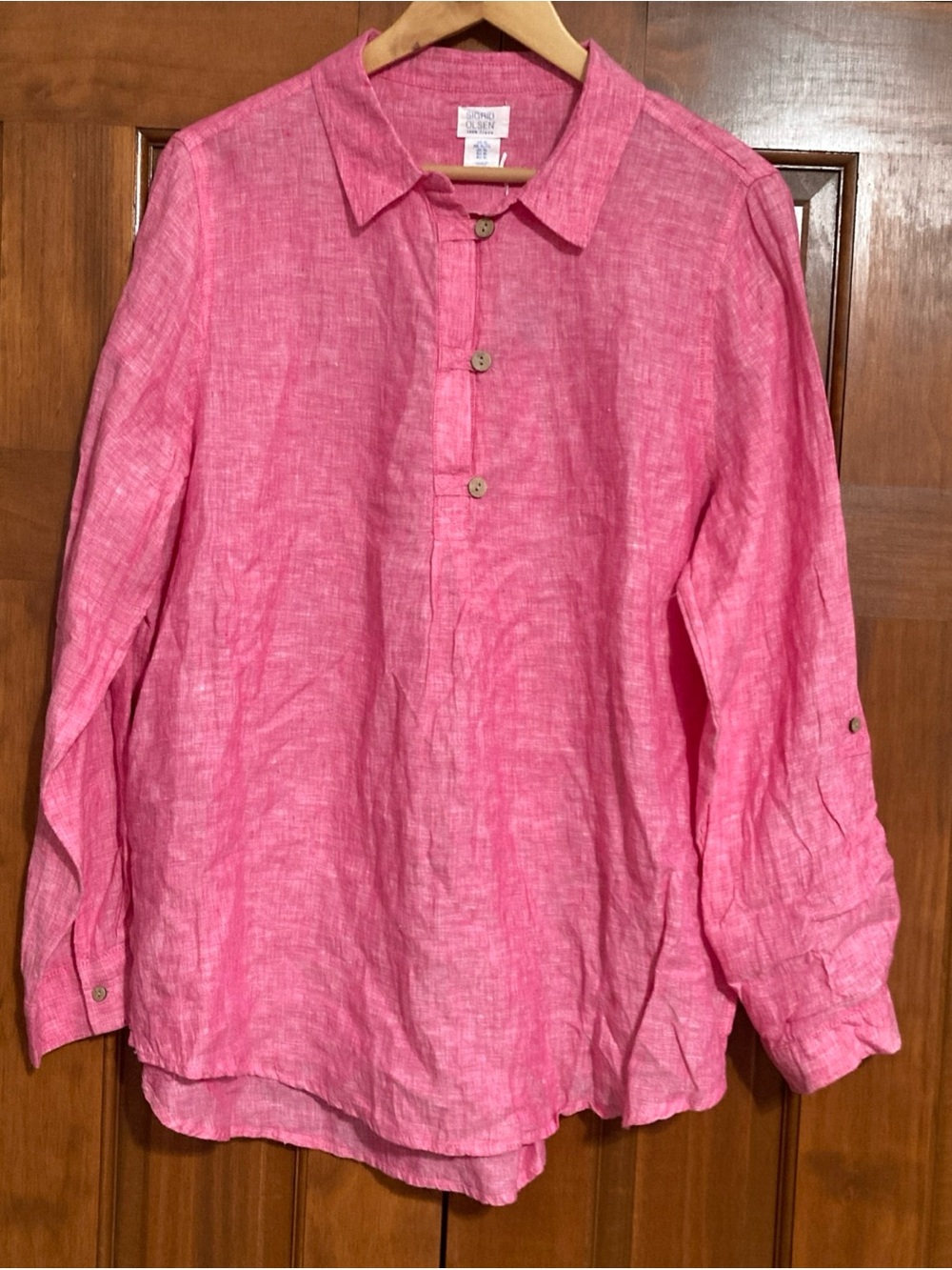 NWT Sigrid Olsen Pink Linen popover Shirt roll tab sleeves women’s size XL